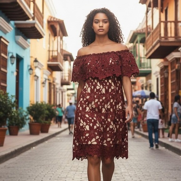 Unbranded Dresses & Skirts - Rust Floral Guipure Lace Off The Shoulder Mini Dress Terracotta Boho Cocktail
